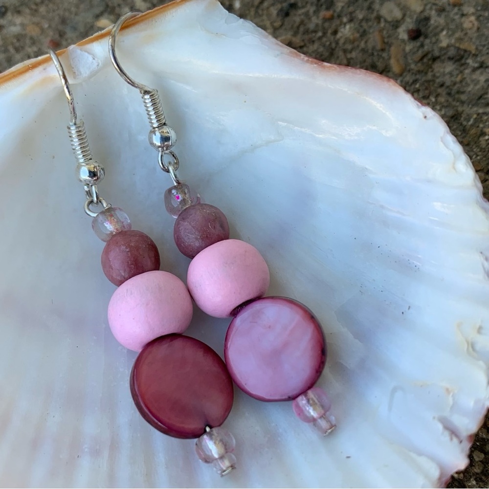 Pink Earrings Handcrafted Glass Wood Acrylic Beads Boho Sterling Silver Hooks